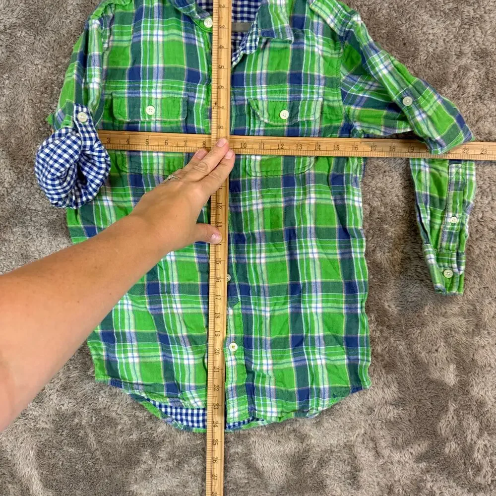 Gap Kids Double Weave Green Plaid button Down Shirt L 10 Boys Convertible